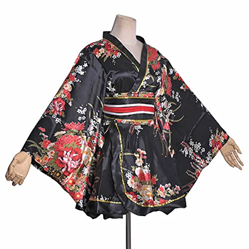 Image of HUAHUA Women's Sexy Short Kimono Dress Floral Print Japanese Traditional Geisha Robe Bathrobe Skirt Belt Outfit