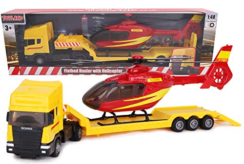 Toyland® - Transporteur à plat Scania avec hélicoptère - Échelle 1:48 - Roue libre - Jouets pour véhicules de transport - Articles de collection pour véhicules - Jouets pour garçons (Camion jaune / hélicoptère rouge)