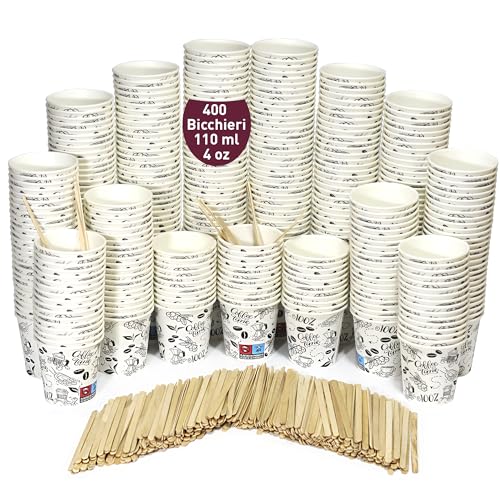 400 Bicchieri di Carta Cartonata Bianchi Usa e Getta per Caffè da 110 ml / 4oz, Robusti e a Prova di Perdite, Ideali per Caffè Corto, Lungo, Espresso, Macchiato. Con Stuzzicadenti in Legno Ecologici