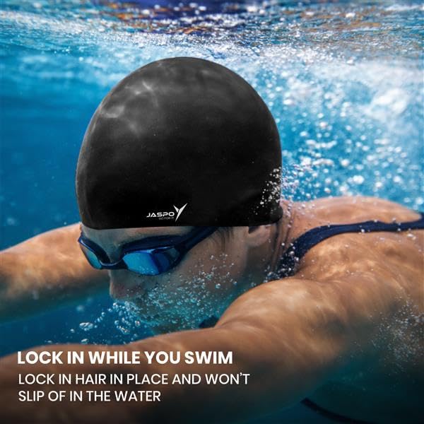 Image of JASPO Velocity Silicone Swimming Cap | Unisex Swim Cap for Men & Women | Stretchable, Anti-Slip, Waterproof Cap for Pool, Training & Professional Swimming | Black