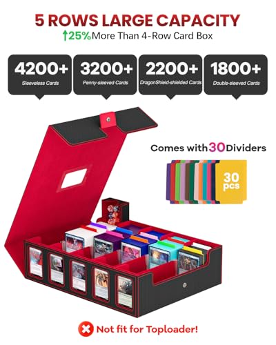 Image of Trading Card Storage Box, 5 Row Card Deck Case with Commander Display & Portable Handle, 4200+ Card Deck Boxes Compatible for MTG TCG Magic Cards, 30 Divider, 8 Supporters, 1 Dice Tray (Black & Red)