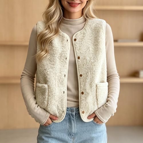 Womens Sherpa Fleece Vest Button Front Crew Neck Pockets Casual Fall Layer - image 2