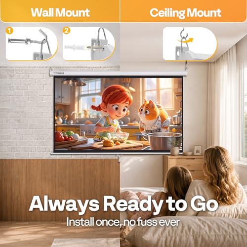 Image of VIVOHOME 80 Inch 16:9 Pull Down Projector Screen, White | Manual Retractable 4K Projection Screen for Home Theater, Roll Up ALR Movie Screen for Ceiling and Wall Mount