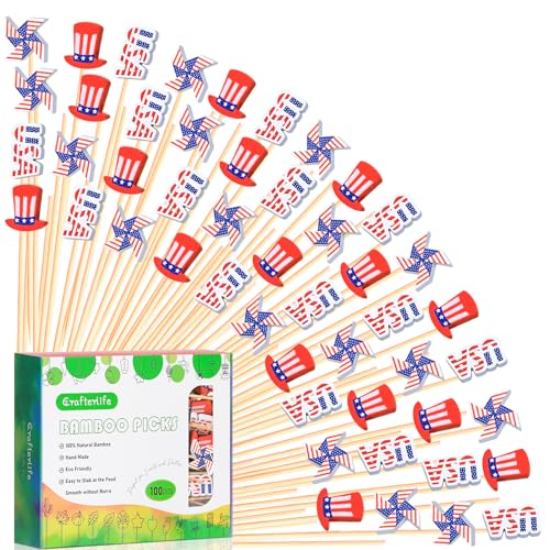 100pcs Patriotic Cocktail Picks Red White Blue 4th of July Decor Toothpicks Stick Skewer for Appetizer Charcuterie Accessories Fourth July Independence Memorial Veterans Election Day Party Decorations