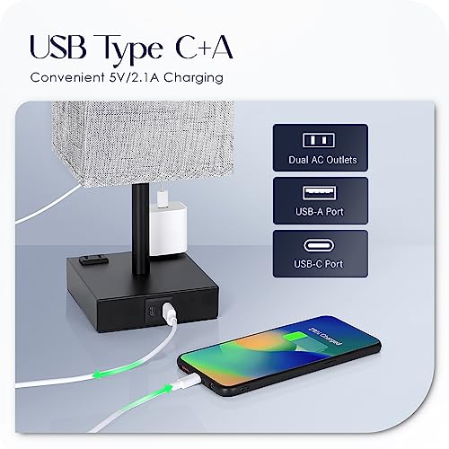 Soilsiu TD-018S Bedside Table Lamps Set Of 2 - Touch Nightstand Lamp For Bedroom With Usb C+A Charging Ports & Ac Outlets, 3-Way Dimmable Desk Lamp Grey Fabric Shade thumb #2