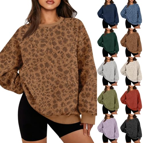 Women Leopard Print Sweatshirt Y2K Ribbed Crewneck Oversized Pullovers - image 1