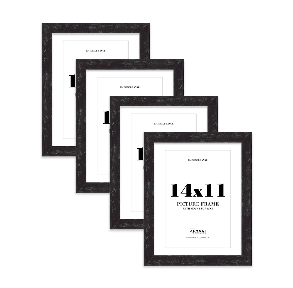 14x11" Distressed Black Picture Frame with 12x8" Mount - Reclaimed Wood Style Photo Frame with Distressed Finish, Wall Hooks and Kickstand, 32mm Edge - 4 Pack