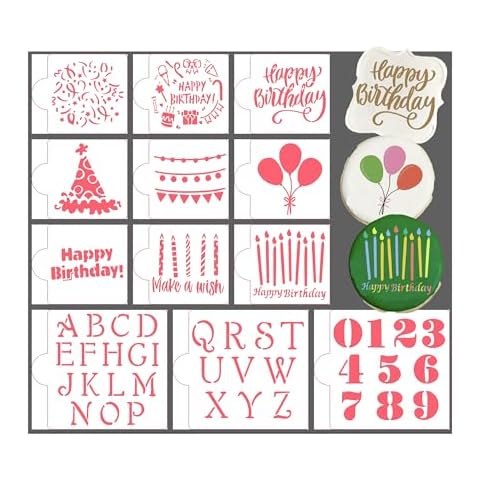 Happy Birthday Cookie Stencils 12PCS, Include Balloon/Candle/Numbers/Alphabet and Other Patterns for Birthday Cookie Stencil Cover