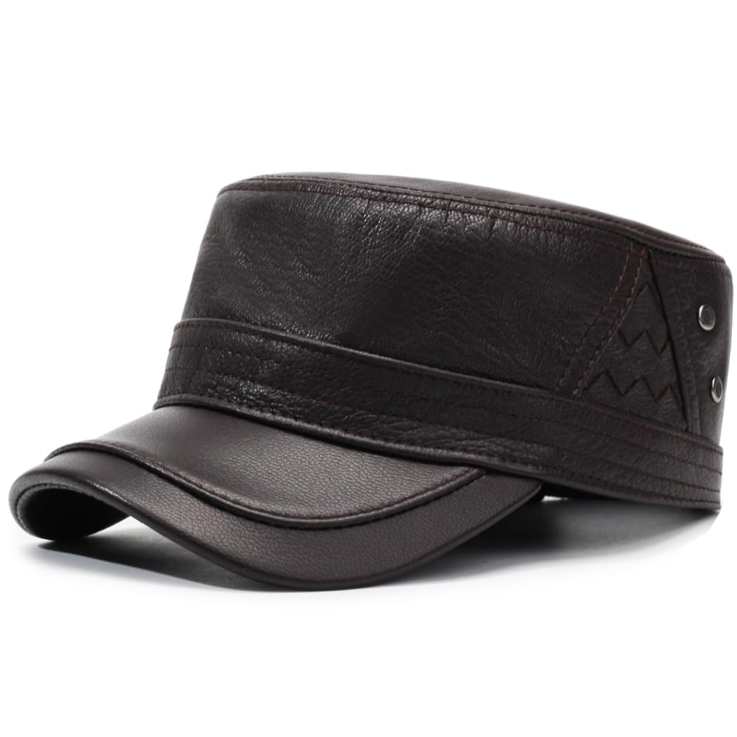 Men's Leather Military Style Hat Cadet Army Caps Flat Top Cap