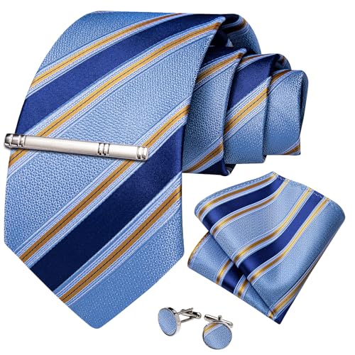 Image of DiBanGu Mens Tie Silk Plaid Striped Necktie and Pocket Square Cufflinks Tie Clip Set with Gift Box Formal Wedding Party