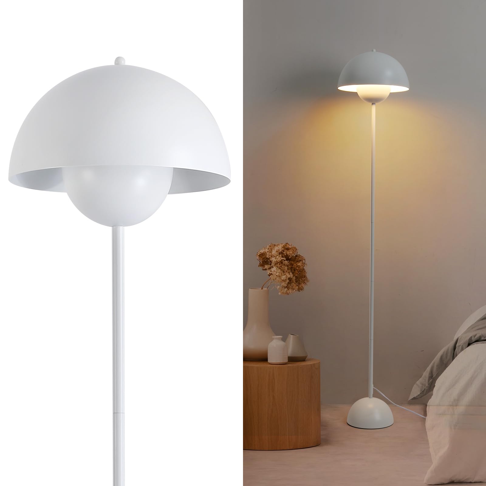 Alpinaluz Stalowa lampa podłogowa z wypukłym kloszem, styl skandynawski i retro, pośrednie oświetlenie skierowane w dół, gniazdo E27, przełącznik nożny, do salonu lub sypialni, biała