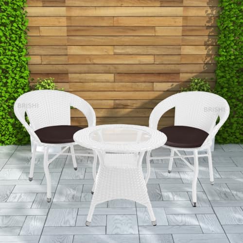 Image of BRISHI 3-Piece Outdoor Rattan Wicker Patio Coffee Table Set with Brown Cushion | Garden Furniture for Balcony, Terrace, Poolside & Porch | Waterproof Bistro Sets for Home & Backyard (White)