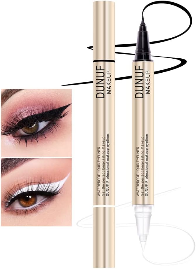 DUNUF MAKEUP 2 in1 Waterproof Liquid Eyeliner, Pitch Black, White,white liquid liner，0.02 Fl Oz (Pack of 1)