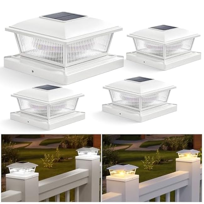 APONUO Solar Post Cap Lights, 2 Lighting Modes 16 LEDs Fence Post Lights for 4x4 5x5 6x6 Wooden/Vinyl Posts, Outdoor Waterproof Deck Solar Powered for Fence Deck Patio, White 4 Packs