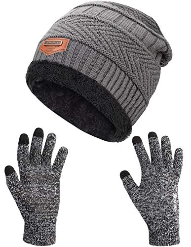 Petrunup Unisex Gorros de Invierno y Guantes de Punto, Guantes Táctiles de Cozy con Forro Polar Cálido para Hombres y Mujeres, Gris