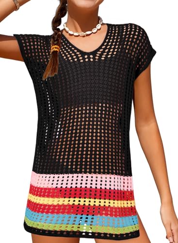 blibean Tween Girls Swimsuit Cover Up Short Sleeve Bathing Suits for Teens Big Kids Cute Colorblock Swimwear Junior Knit Crochet Beach Dress Traje Bao Nias Size 14 15 16 Year Old Black