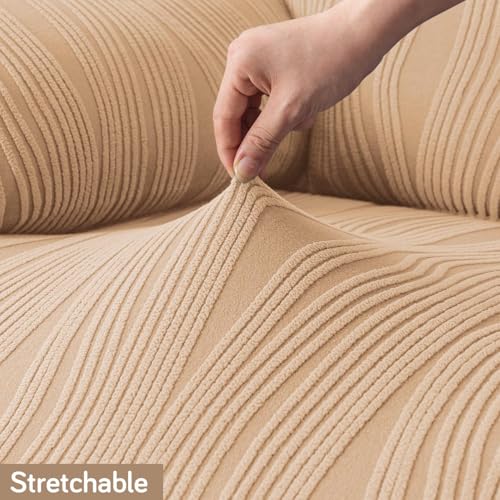 Image of HOKIPO 3 Seater Sofa Cover - 200 GSM Premium Jacquard Stretchable Fully Covered Slipcover,' Nestiva Series' Blush Beige (NEW-AR-5309-BGE)