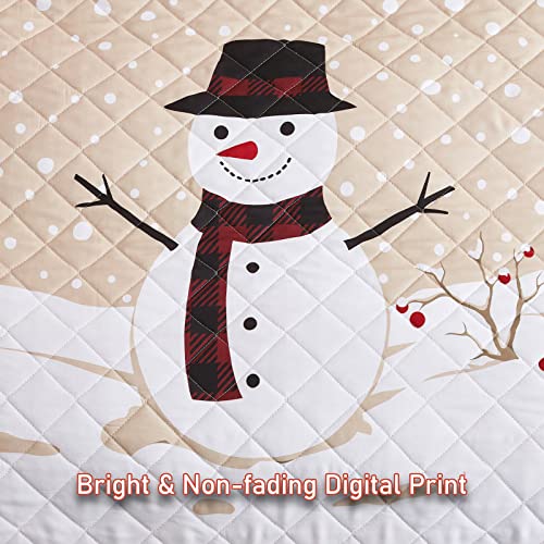 Image of Christmas Oversized Bedspread King Size, Snowman Pattern Bedding Quilt, Lodge Plaid Patchwork Coverlet, Lightweight & Soft Microfiber, 3 Piece Set
