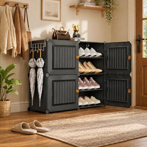Image of Mevigo 8-Tier Shoe Rack with 4-Doors| Holds -Pairs |Waterproof & Dustproof Modular Plastic Shoe Cabinet| Foldable Stackable Shoe Organizer with Metal Frame |Space Saving Storage for Home,Entry Way