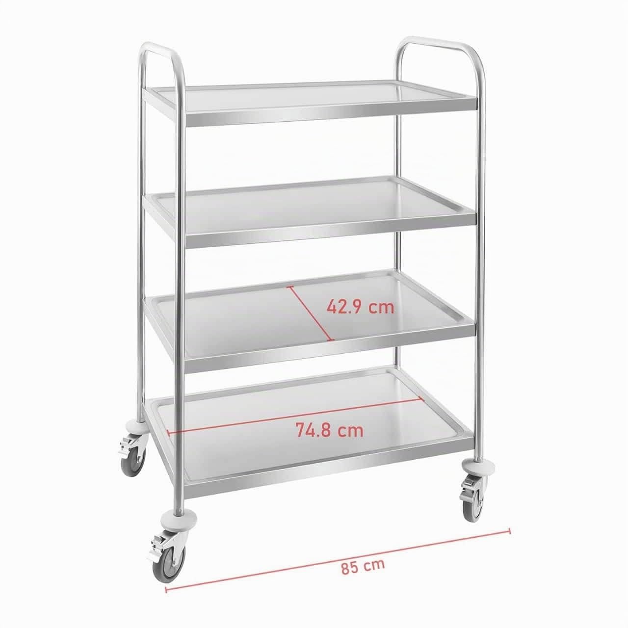 Royal Catering RCSW 4 Carro Cocina Carrito de Servicio con Ruedas (4 estantes, Capacidad de Carga 200 kg, Distancia Entre Las Bandejas 27,5 cm) Acero INOX