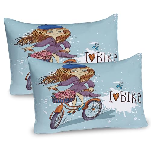Ambesonne Retro Pillow Sham Set of 2, Cartoon Lady with French Vibes and a Bike Illustration Vintage City Life, Quality Microfiber Bedding Item for All Seasons, 30