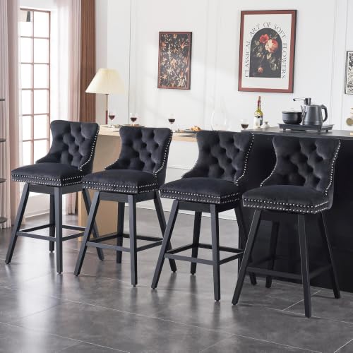 Image of Black Swivel Bar Stools, Velvet Counter Height Bar Stools Set of 4 | 360 Swivel Bar Chairs, Solid Wood Legs, Upholstered Kitchen Island Stools, Modern Extra Wide Seat (Black, 26 inch H, 4 Pack)