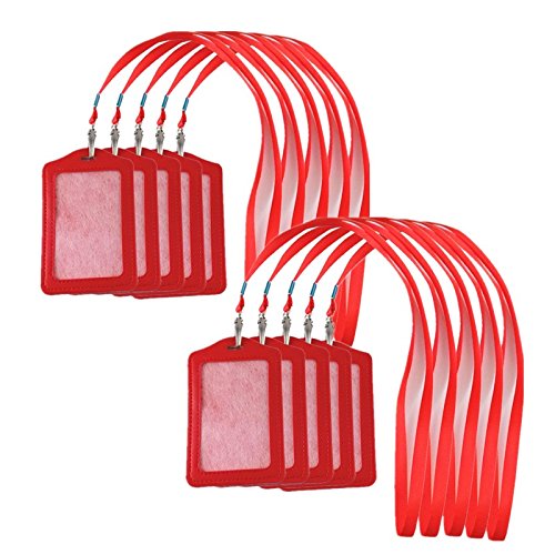 yueton 10pcs Vertical Style Leather Business ID Badge Card Holder, Name Card Business Card Holder Tag with Long Neck Strap Band Lanyard (Red)