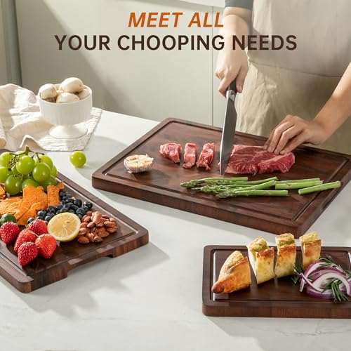 Image of Walnut Wood Cutting Board Set, End Grain Cutting Board for Kitchen | Walnut Wooden Charcuterie Boards, FSC Certified, Non Toxic, Non-Slip Feet, 3 Practical Sizes, Meal Prep & Serving, Gift Box