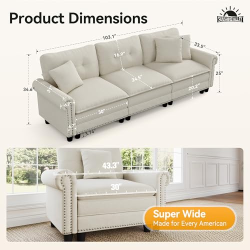 Image of SUNSHINE VALLEY 116.1 inch Modular Cloud Couch with Extra Wide & Deep Seats, Oversized 3-Seater Mid-Century Modern Couch with Nailhead Trim and Throw Pillows for Living Room, Linen Beige