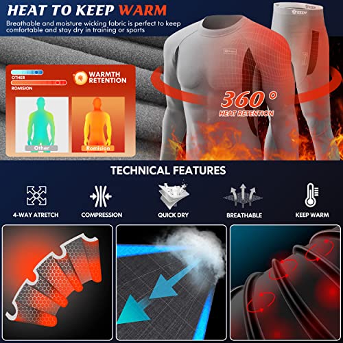 Romision Mens Thermal Underwear Set Skiing Winter Warm Base Layers Tight Long Johns Top & Bottom Set With Fleece Lined #TOP1