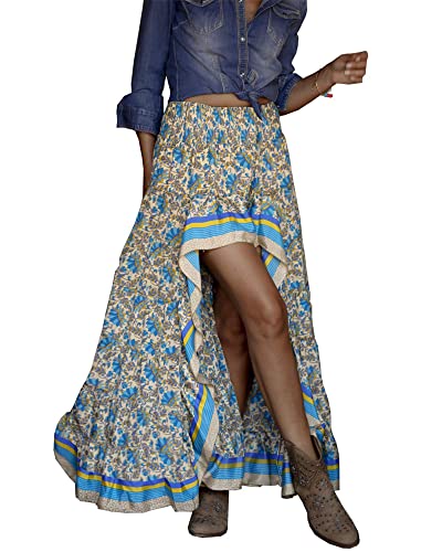 Women Summer Spring Boho Long Skirts Dress Floral Print Elastic Waist Split Ruffle High Low Beach Maxi Skirt
