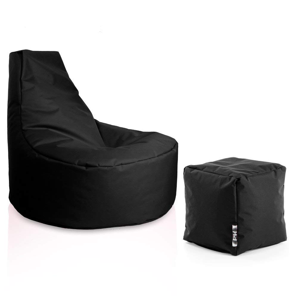 PATCH HOME Poltrona da gamer con cubo Bean Bag Set Ø 75 cm, altezza seduta 30 cm, altezza 80 cm + cubo 35 x 35 cm, colore nero