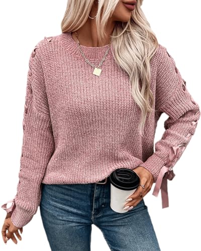 Womens Stylish Bowknot Ribbon Sleeve Chunky Cable Knit Crewneck Pullover Sweater Y2K Ribbed Knitwear Pullover