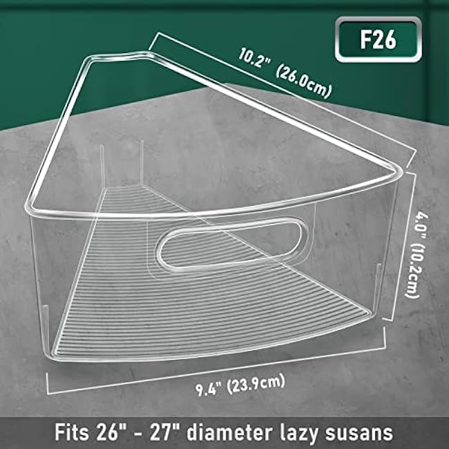 Lazy Susan Cabinet Organizer Bins for 26/ 28/ 32 Diameter Corner Organizer, Plastic Cabinet Storage Bin, 1/8 Wedge - Food Safe, BPA Free, with Non-Slip Pads (for 26 Diameter, 4 Pack)