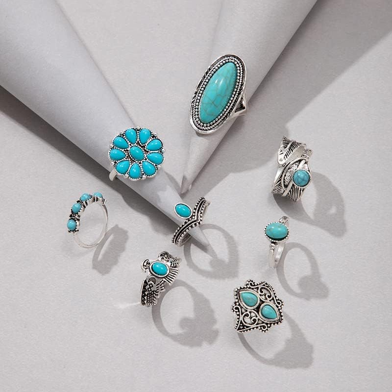 Vista 5 de Juego de anillos de turquesa occidental para mujer, anillos vintage para nudillos, anillos apilables de turquesa, trajes de concierto de campo