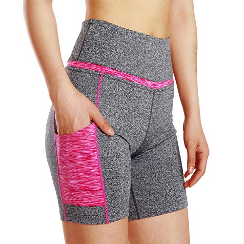 Q&M High Waist Workout Yoga Shorts Tummy Control Athletic Shorts 2 Side Pockets,1,L