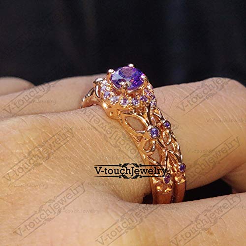 V Touch 14K Rose Gold Plated 925 Sterling Silver Round Cut Purple Amethyst Engagement Wedding Tinkerbell Ring Set for Women's4