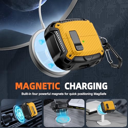 Image of Safety Lock Case for Samsung Galaxy Buds3 FE /Pro /3 (Yellow) | Compatible with MagSafe, Carbon fibre texture Design,with Phone Stand& Cleaning kit,Keychain,