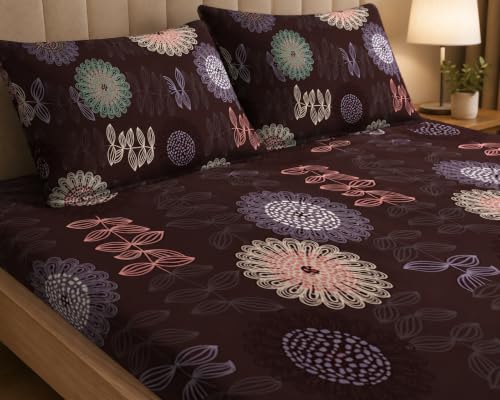 Image of LOOMLYFE 300 TC Cotton Double Bedsheet with 2 Pillow Covers | 90x100 Inches King Size Bed Sheet | Soft, Breathable & Fade Resistant Bedding Set - CircleFlowerBrown