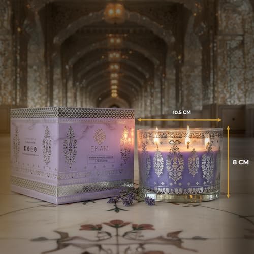 Image of EKAM 2025-26 Festive Fragrance Gift| Scented 3 Wick Candle| Lavender | Inspired by Sheesh Mahal | 28-Hour Burn | Essential Oil Infused | Gift Box for Festive Celebrations, Weddings, Giveaways, etc.