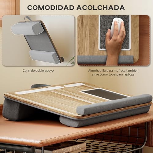 HOMCOM Soporte para Ordenador Portátil con Cojín Soporte Portátil con Ranura para Tableta Almohadilla para Mouse Reposamuñecas Mesa para Cama para Hogar Oficina 55,5x37x9 cm Roble - imagen 4
