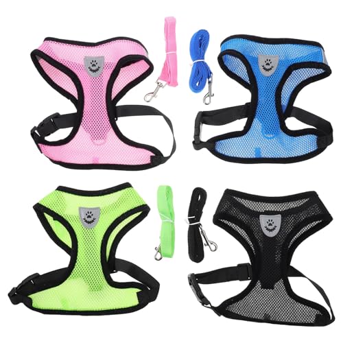 TOGEVAL 4 Stück Haustiergeschirr mit Leine und Traktionsseil Verstellbares Welpengeschirr für Sicheres Gassigehen und Outdoor Aktivitäten