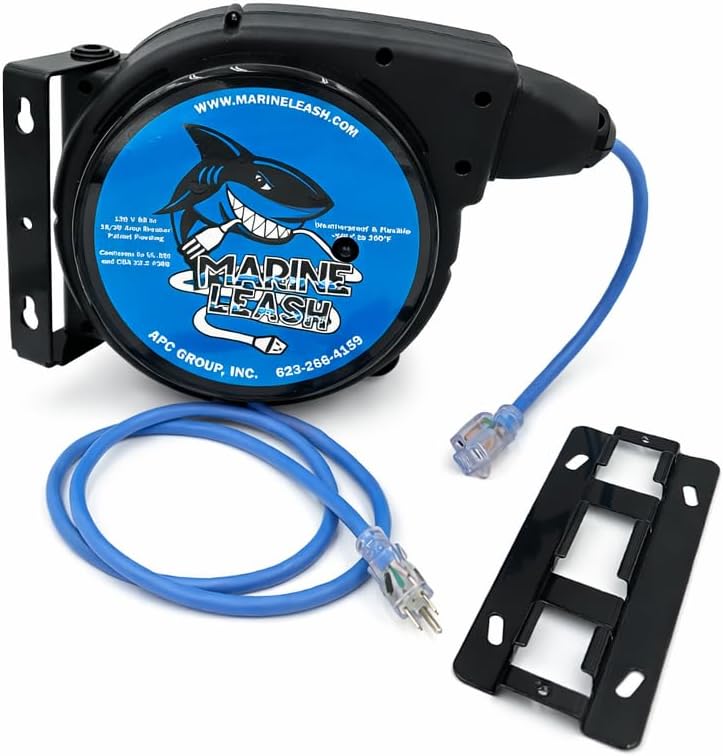 Outdoor Retractable Extension Cord Reel – 50ft 12/3 SJEOOW Cable, Watertight, 20A Breaker, Flexible to 10°F, Includes 2 Mounting Brackets, 180° Swivel Mount, MR-502012-F-SB