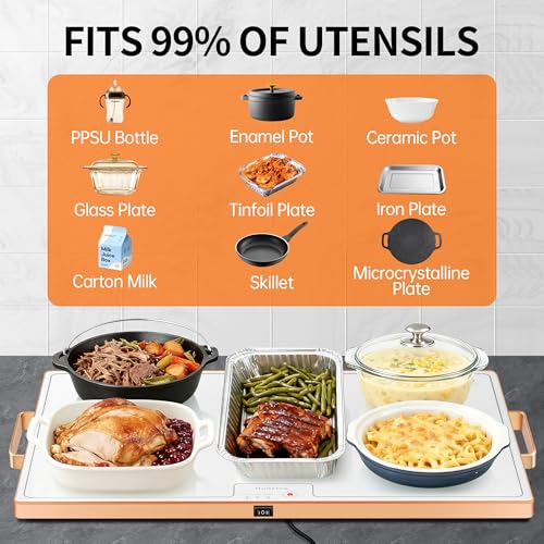 Image of Food Warming Mat (XL 24 inchx16 inch), Food Warmers for Parties Buffet and Daily Use, Full Surface Warm Evenly Electric Warming Tray with Button Temperature Control, Gold Handles Warming Mat for Food, White