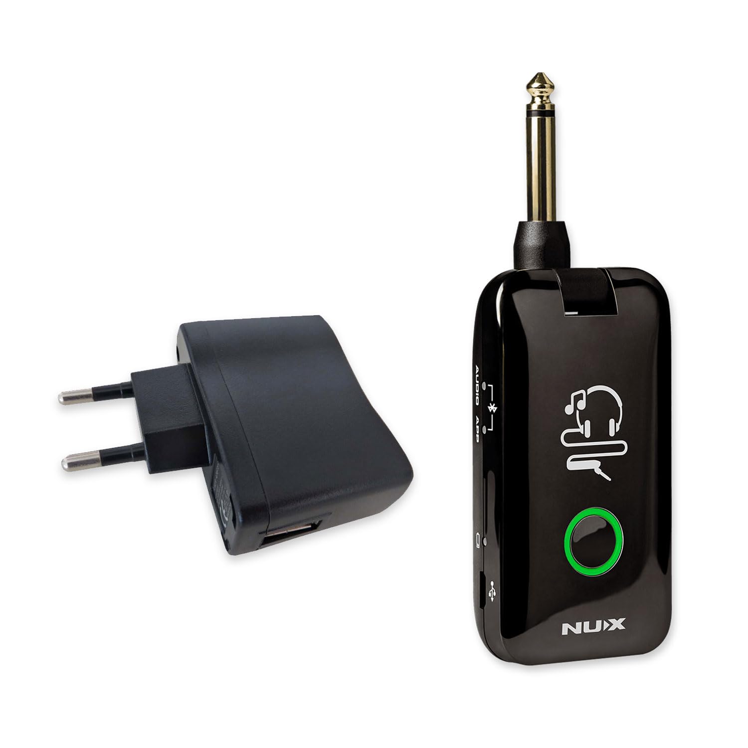 Nux MP-2 Mighty Plug Drahtlose Verstärker- und Effekt-Simulation für Gitarre und Bass + keepdrum Netzteil