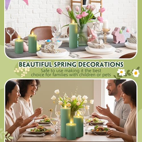Image of Retisee 3 Pcs Sage Green 6 /8 /12 Inches Flameless LED Candles with Remote and 2 /4 /8h Timer Battery Operated Wax Electric Flickering Pillar Candles for Spring Weddings, Garden Parties Decor