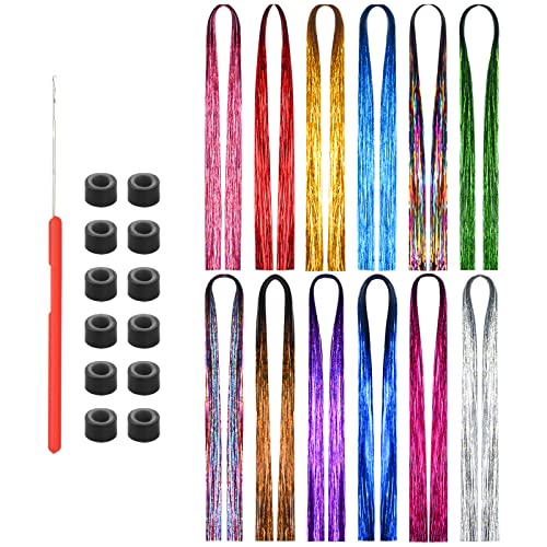 Tinsel Hair 12 Colores Pelo de Oropel,Tiras Brillantes para el Pelo,Extensiones de Pelo Sintético,Tiras de Purpurina para el Pelo Accesorios para el Cabello de fiesta Cosplay, Regalo para Niña Mujer