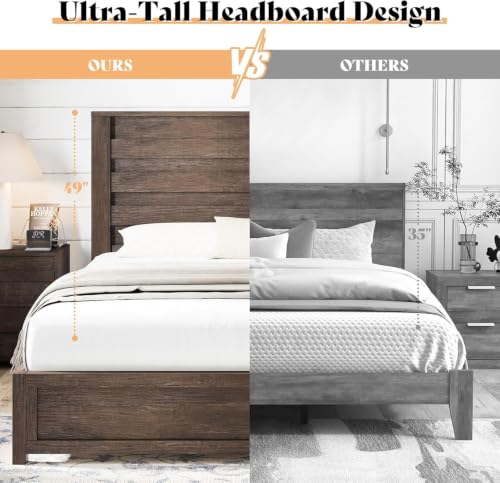 Image of AMERLIFE Farmhouse King Bed Frame with 49 inch Fluted Headboard | Grey Wood Platform Bed, Natural Grain Finish, Noise-Free Frame, No Box Spring Required, 1000 lbs Support