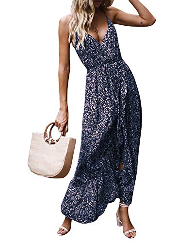 Abravo Mujer Vestidos Casual Bohemian Estampado Floral en Cuello-V sin Mangas Abertura del Dobladillo Verano Playa Vacaciones (M, Azul Oscuro)