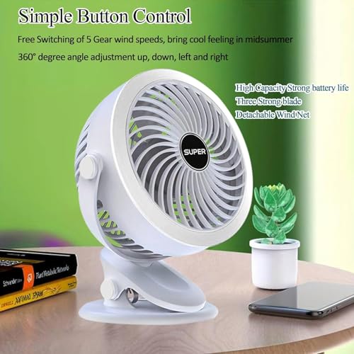 Image of efluky 4000mAh Rechargeable Clip Desk Mini Fan, Portable Table Fan, USB Rechargeable Clooing Fan for Men & Women, USB Battery Powered Quiet Personal Fan,5 Speed for Home Office Travel (White)